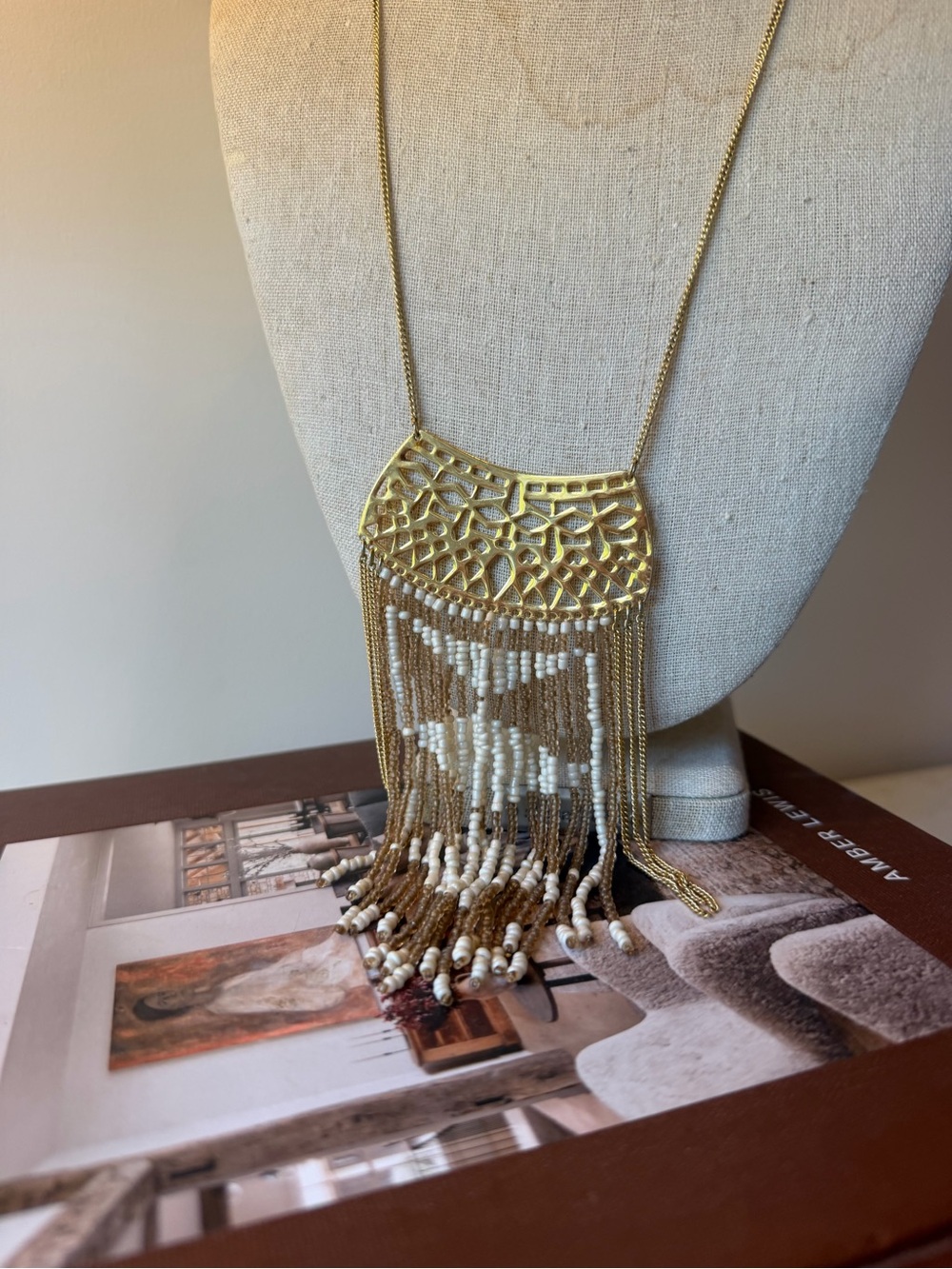 Stella & Dot Gold Filigree Fringe Necklace with White and Brown Beads